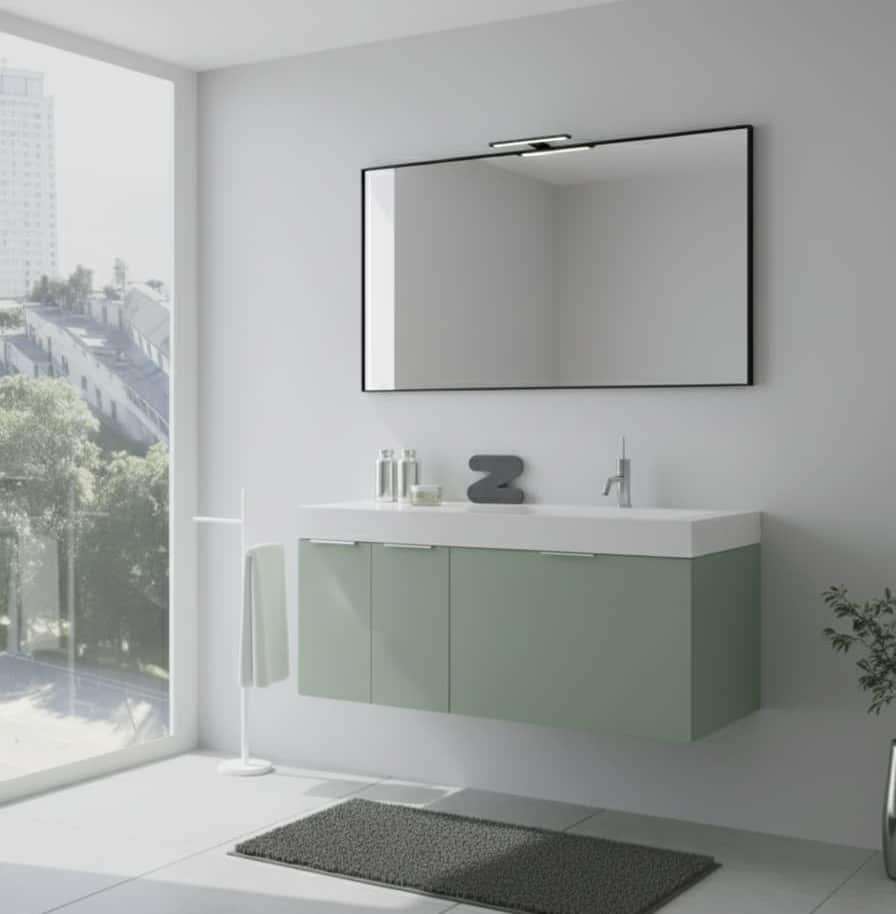 Base portalavabo sospesa con cassetti e specchiera rettangolare con faretto LED