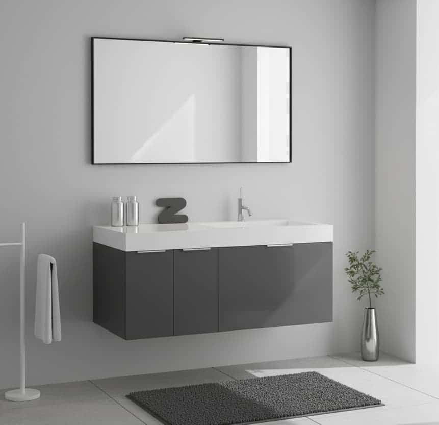Base portalavabo sospesa con cassetti e specchiera rettangolare con faretto LED