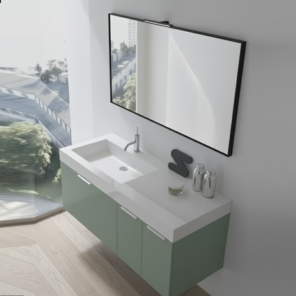 Base portalavabo sospesa con cassetti e specchiera rettangolare con faretto LED