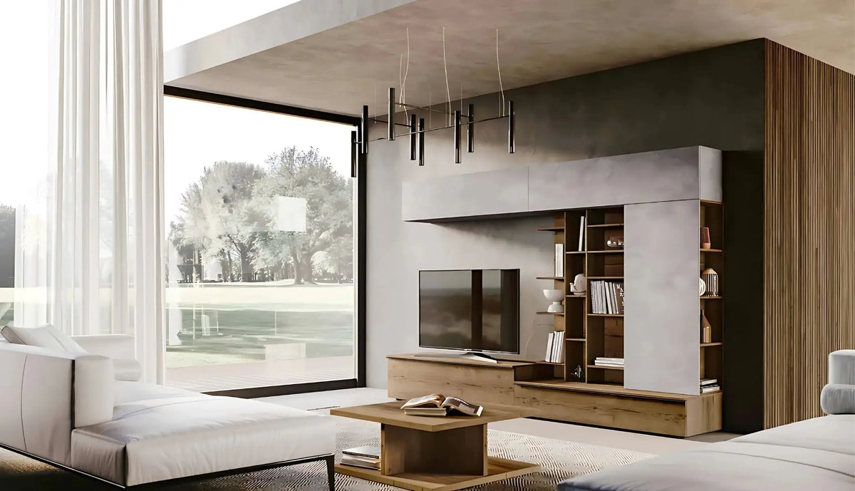 Composizione parete attrezzata moderna con libreria asimmetrica