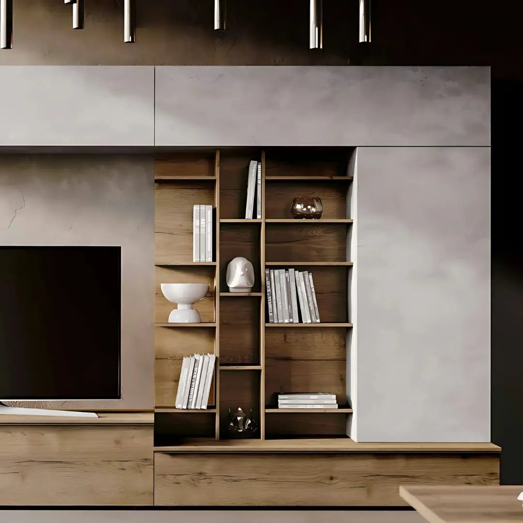 Composizione parete attrezzata moderna con libreria asimmetrica
