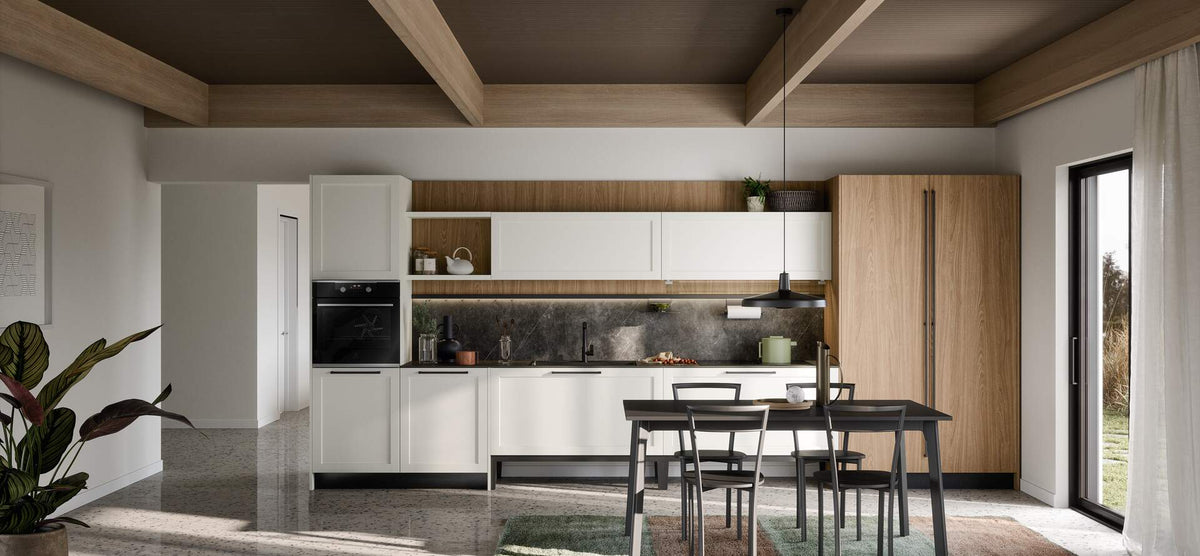 Composizione cucina contemporanea con con boiserie e ante a telaio moderne