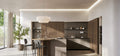 Composizione cucina moderna con isola e colonne a muro complete di mensole porta oggetti