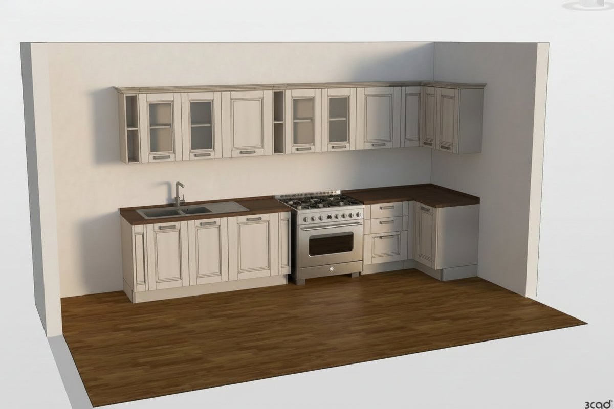 Cucina classica con anta a telaio frassino bianco e zona living con base porta TV, vetrina e pensile vasistas