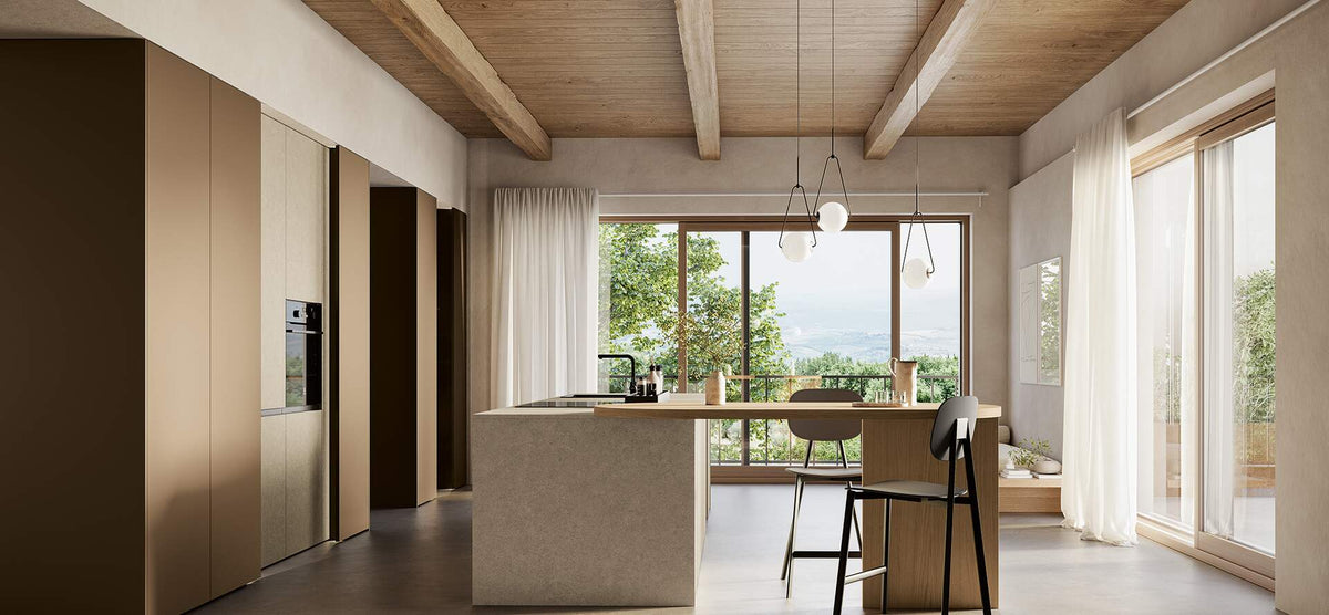 Composizione cucina con isola e colonne bifacciali