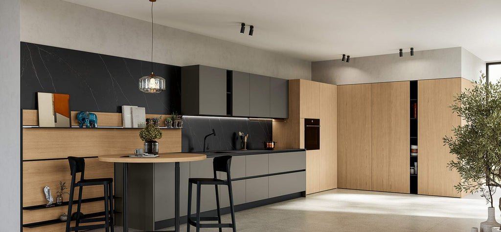 Composizione cucina angolare con colonne a filo e penisola Snack