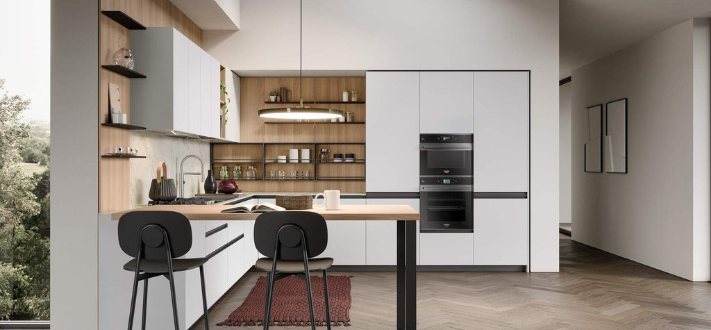 Composizione cucina angolare con tavolo snack a penisola e boiserie stile Industrial
