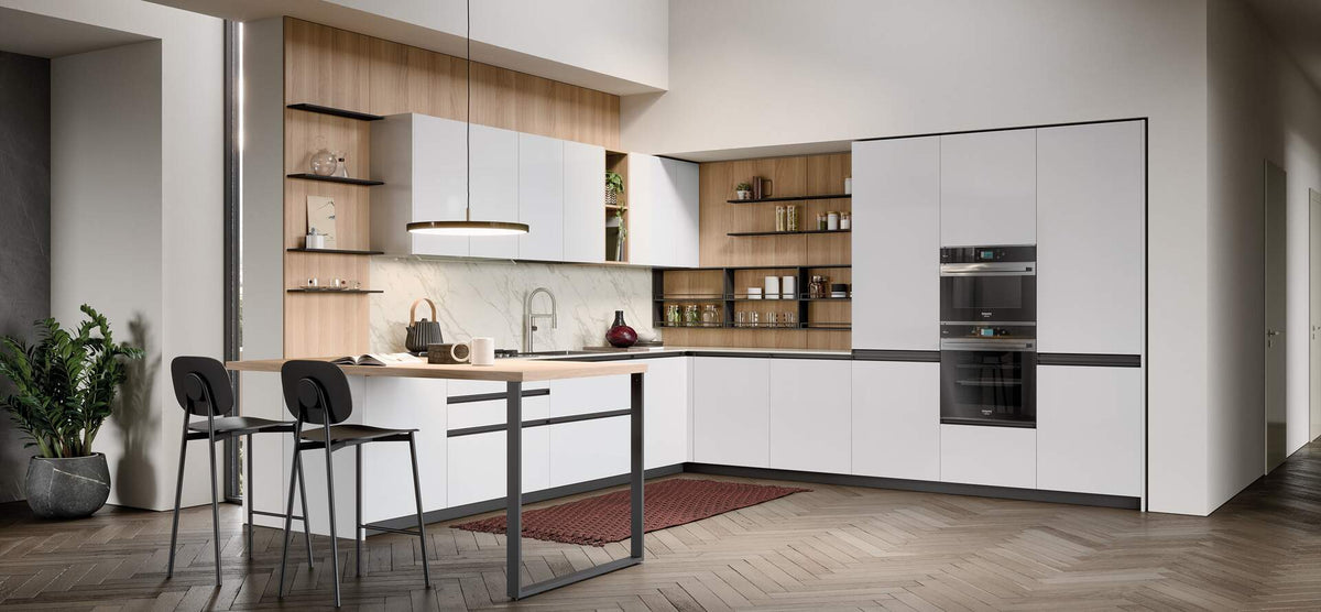 Composizione cucina angolare con tavolo snack a penisola e boiserie stile Industrial