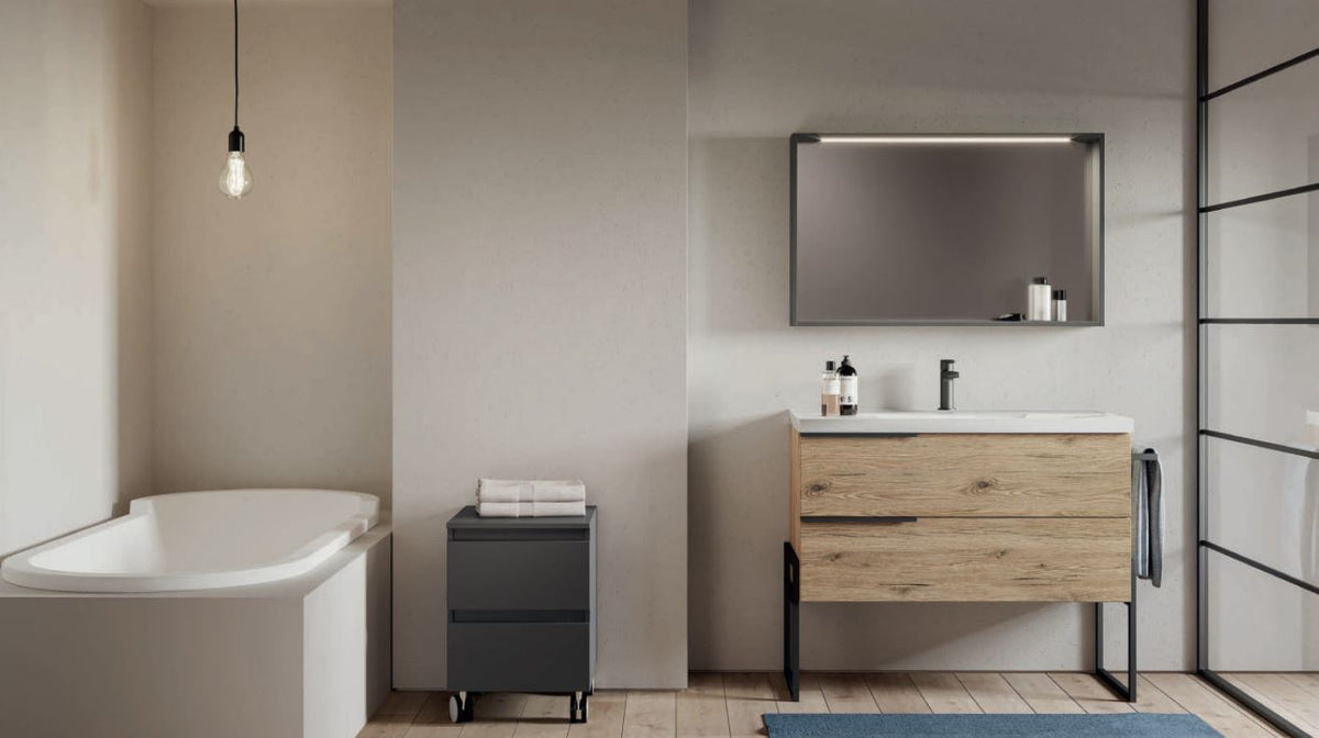 Composizione bagno in stile Industrial completa di cassettiera con ruote