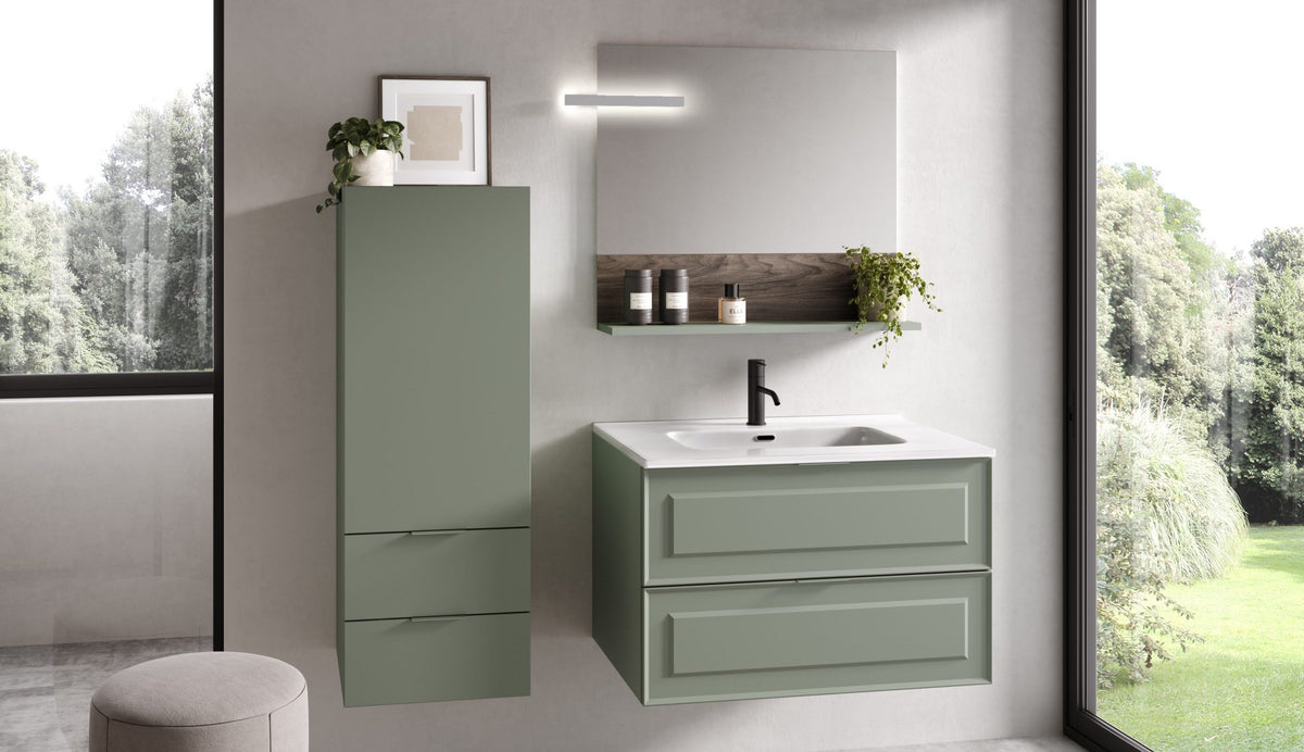 Composizione bagno sospeso con telaio vintage, specchiera a LED e lavabo in ceramica