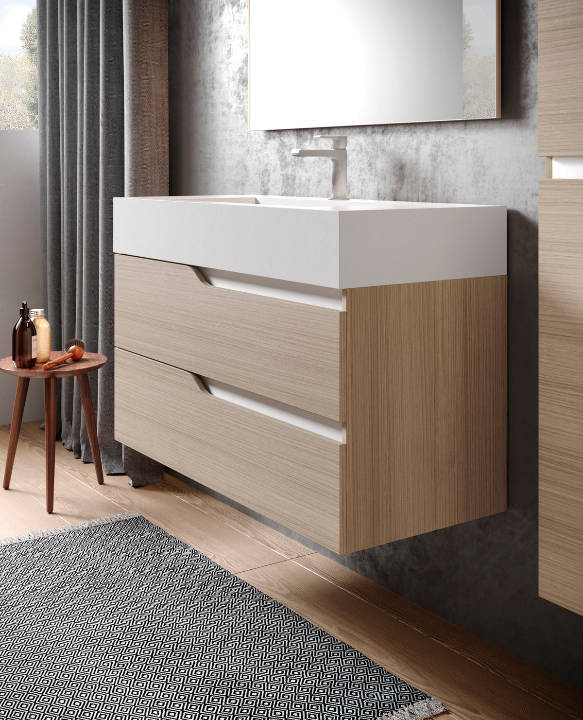 Base portalavabo con colonna porta oggetti sospesa e specchio rettangolare completo di faretto LED