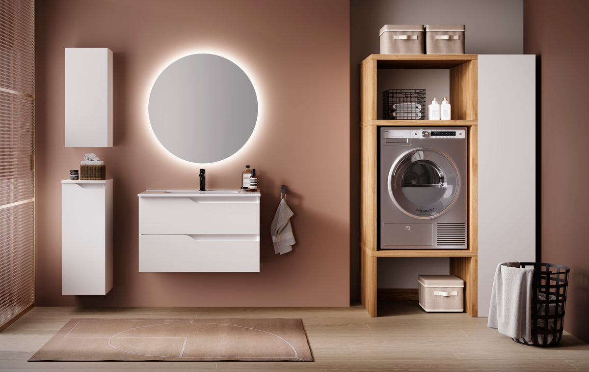 Mobile bagno sospeso con specchiera rotonda retroilluminata a LED e colonna lavanderia