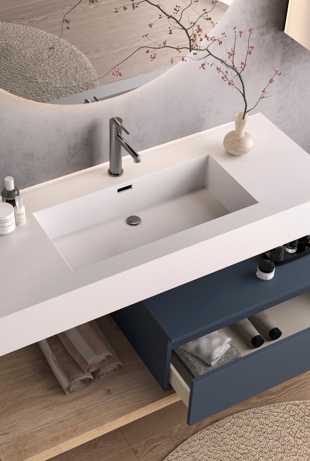 Composizione bagno stile Industrial con piano lavabo in appoggio sospeso e specchiera rotonda retroilluminata a LED