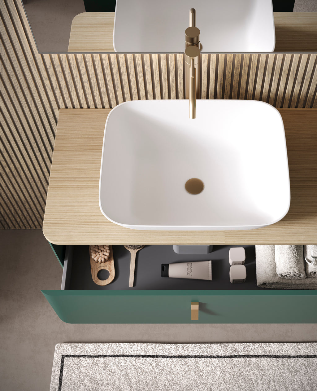 Composizione bagno stile retrò con manigliette metallo champagne e specchiera retroilluminata