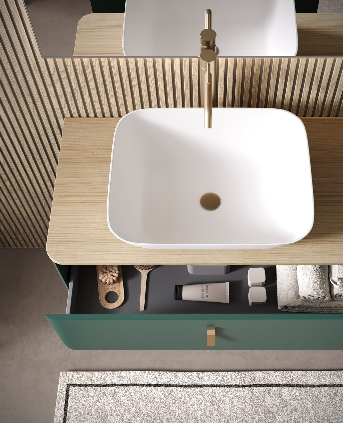 Composizione bagno stile retrò con manigliette metallo champagne e specchiera retroilluminata