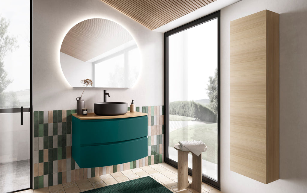 Mobile bagno smussato completo di specchiera rotonda retroilluminata a LED