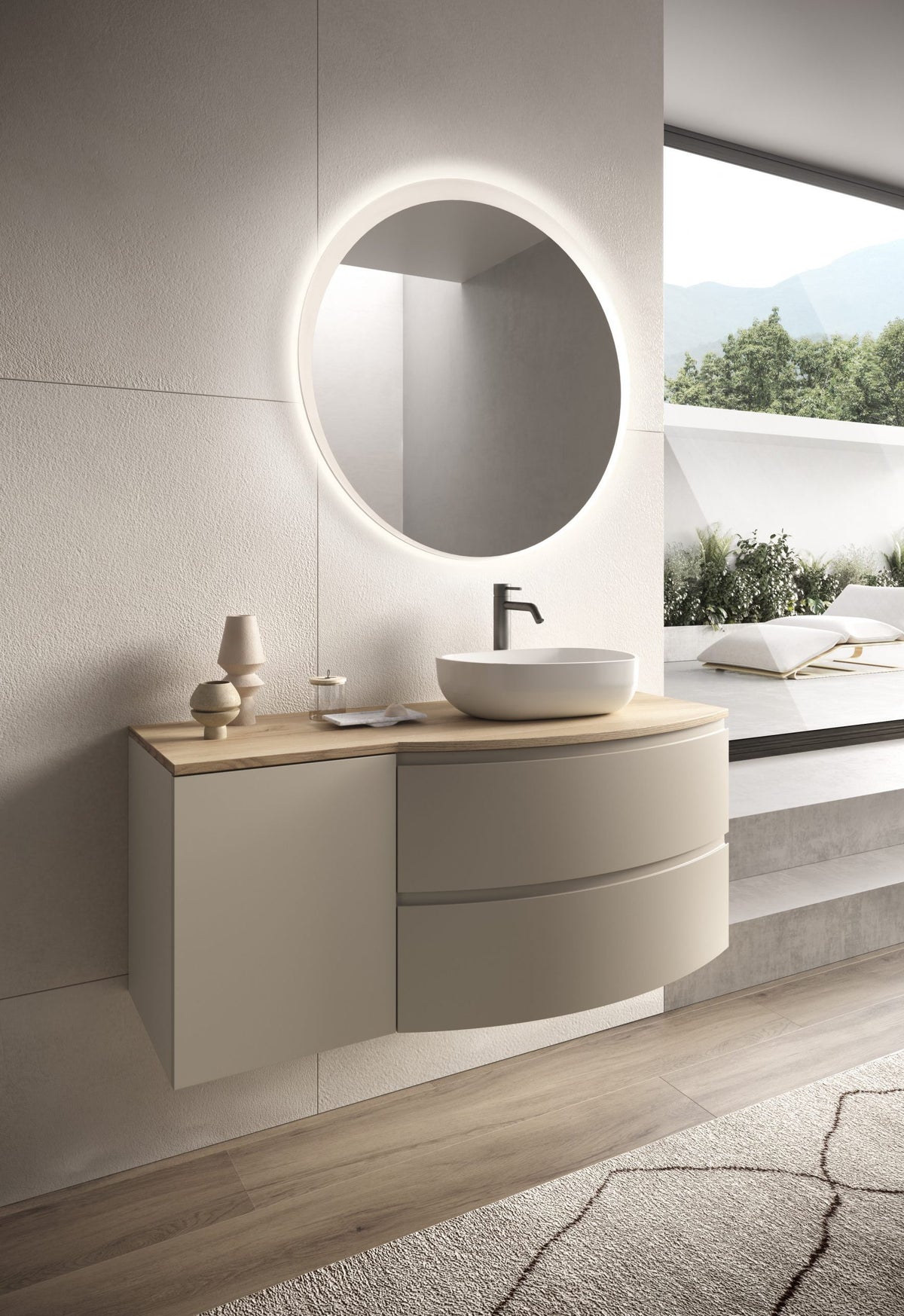 Mobile bagno sospeso smussato con specchiera rotonda a LED