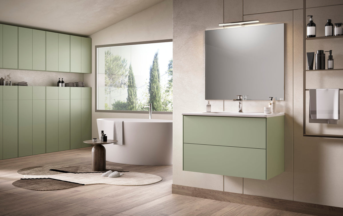 Mobile bagno sospeso con specchiera illuminata a LED e colonna dispensa