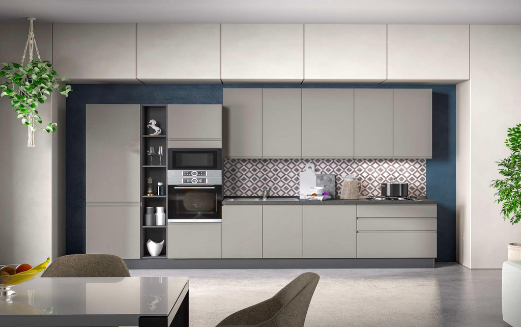 Composizione cucina L. 390 H. 216/240 cm. PVC tortora opaco