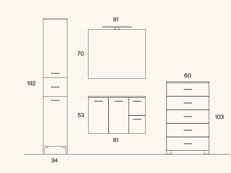 Composizione lavanderia con base portalavabo sospesa, specchiera con faretto LED, colonna a terra porta asciugamani e cassettiera