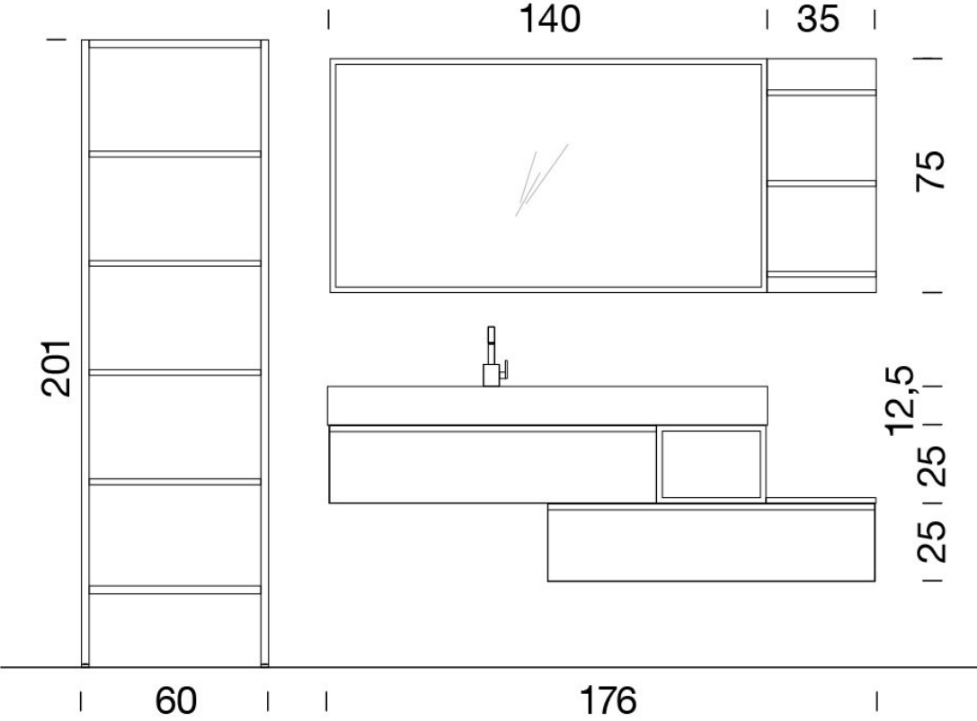 Composizione bagno sospesa con specchio illuminato L. 140 cm. con elementi porta oggetti laterali