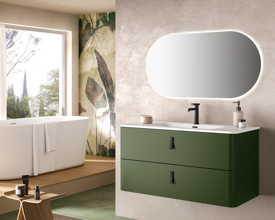 Base portalavabo sospesa con 2 cassetti con lavabo integrato in ceramica e specchiera retroilluminata a LED