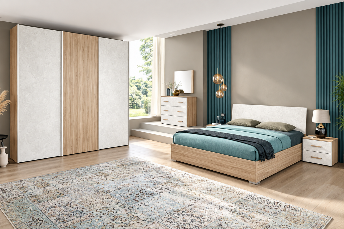 Composizione camera con armadio ad ante scorrevoli, letto con contenitore e gruppo comodini/comò