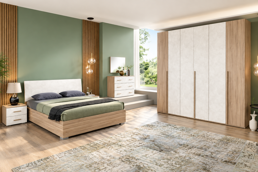 Composizione camera con armadio a 6 ante battenti, letto con contenitore e gruppo comodini