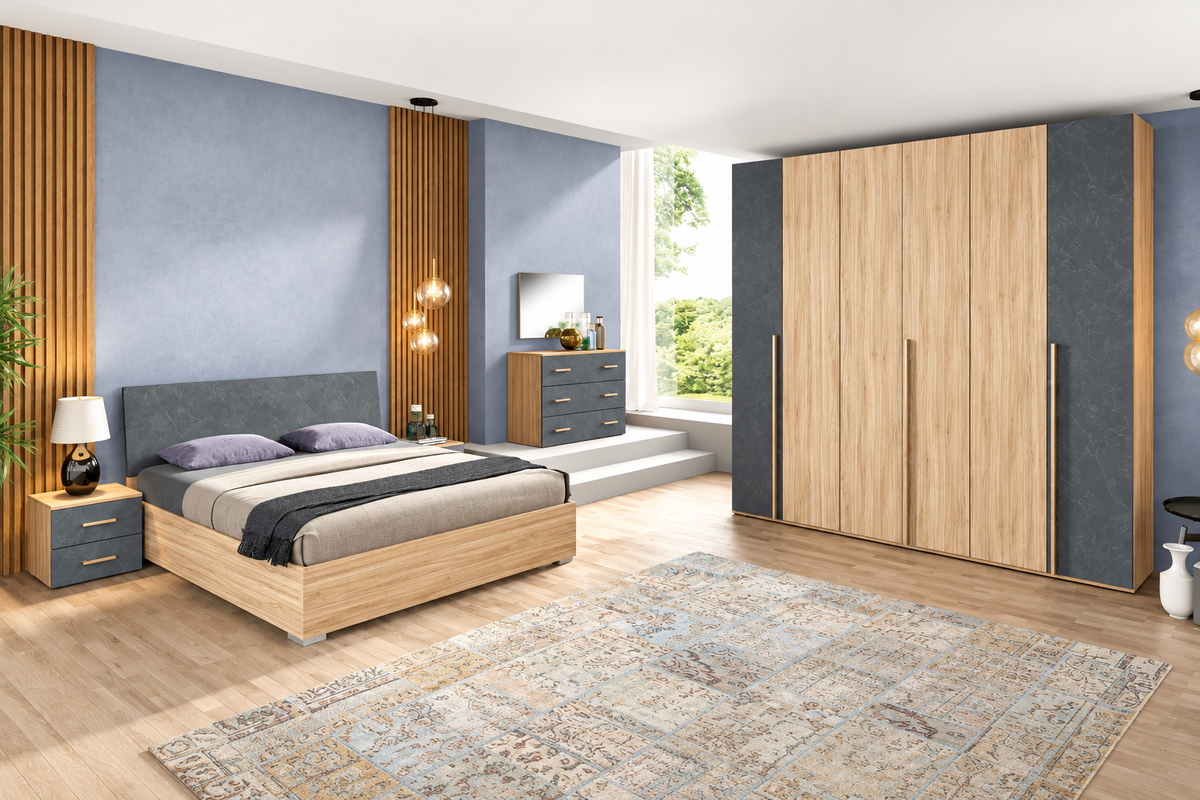 Composizione camera con armadio a 6 ante battenti, letto con contenitore e gruppo comodini