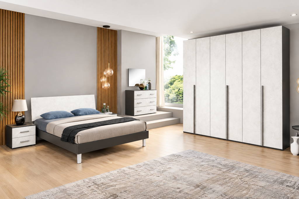 Composizione camera con armadio a 6 ante battenti, letto con contenitore e gruppo comodini
