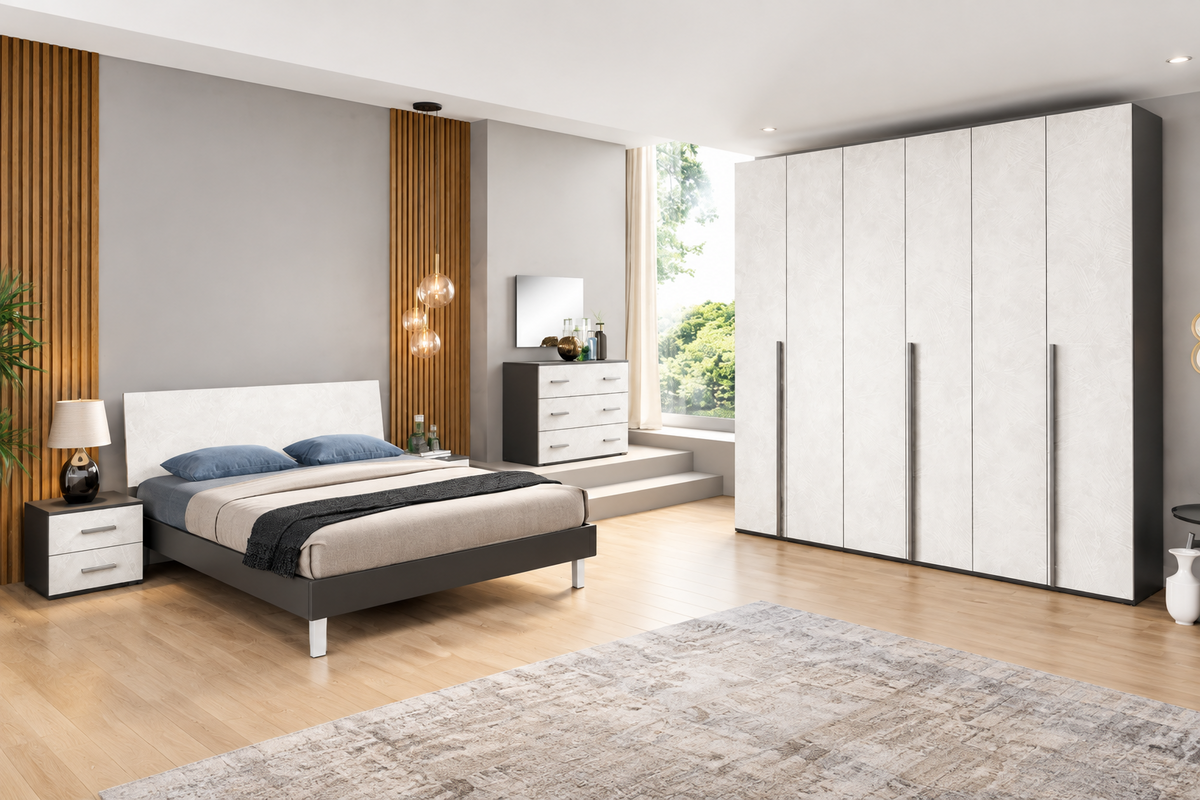 Composizione camera con armadio a 6 ante battenti, letto con contenitore e gruppo comodini