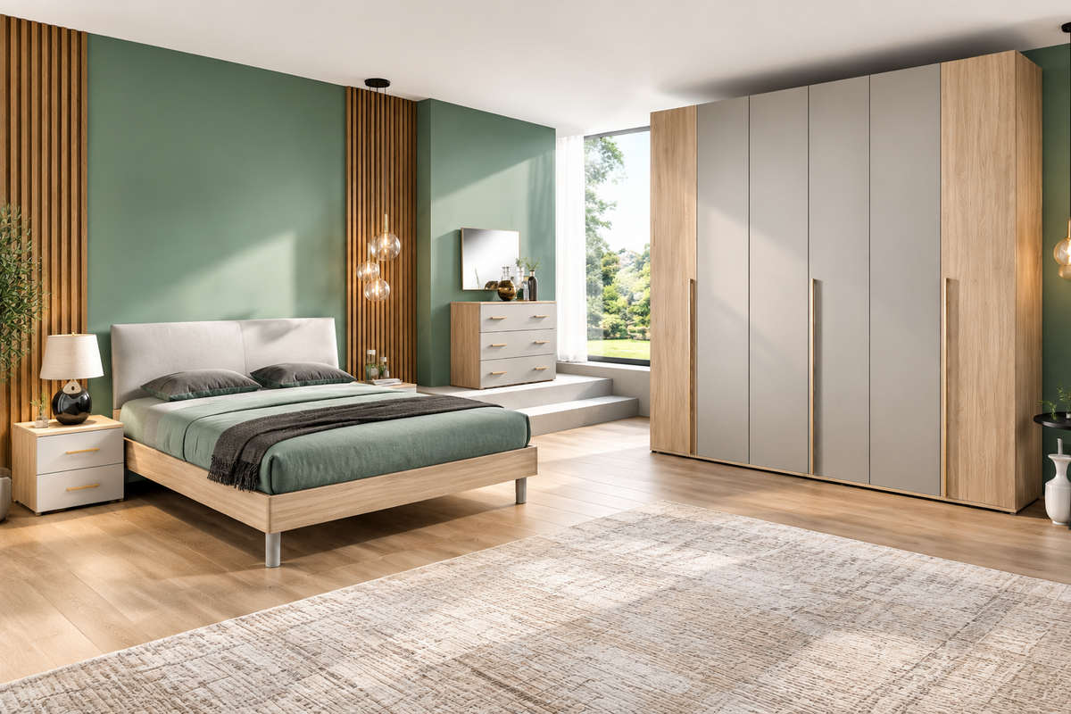 Composizione camera con armadio a 6 ante battenti, letto con contenitore e gruppo comodini