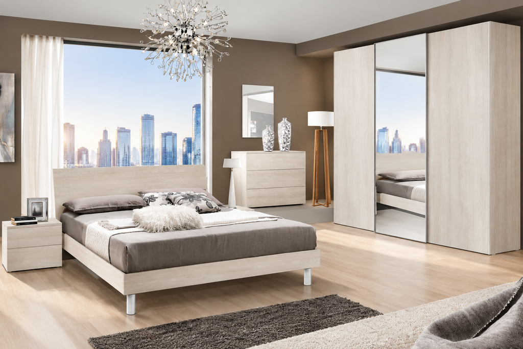 Composizione camera con armadio scorrevole anta centrale c/specchio, letto con contenitore e gruppo comodini/comò