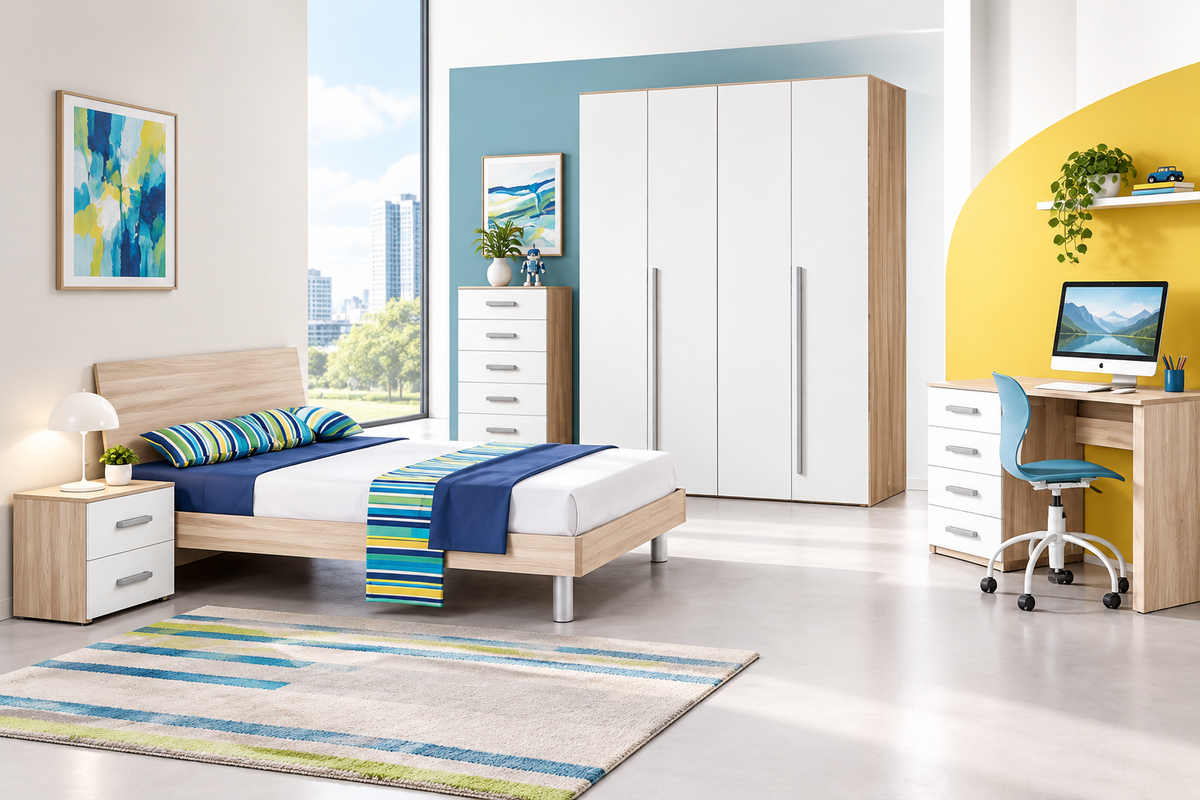 Cameretta con armadio a 4 ante battenti, letto olmo con contenitore, comodini/settimino e scrivania