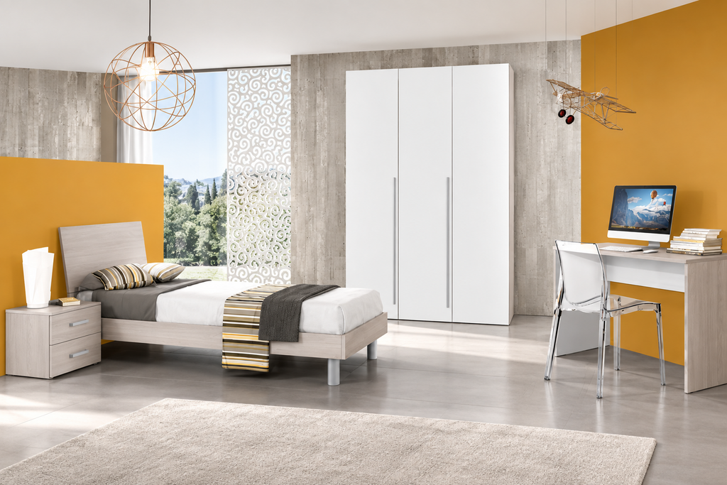 Cameretta con armadio a 3 ante battenti, letto olmo, comodini e scrivania