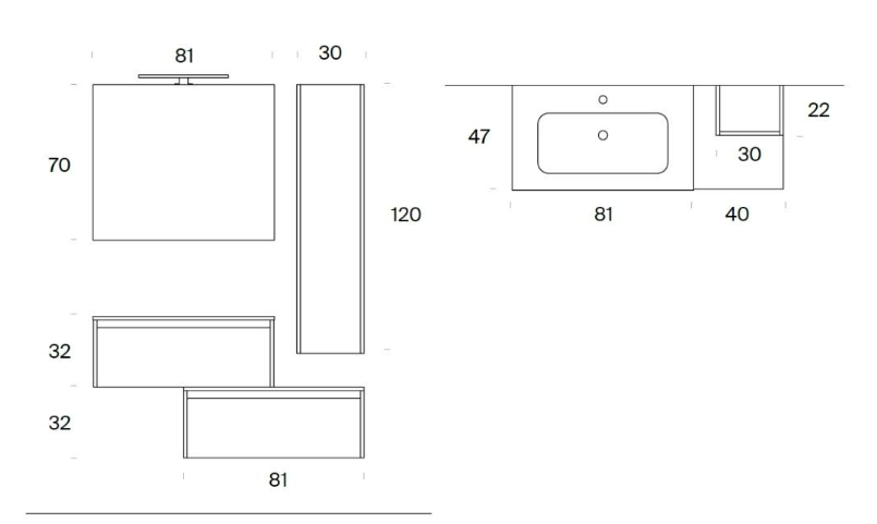 Basi portalavabo sfalsate con specchiera completa di faretto LED e colonna sospesa