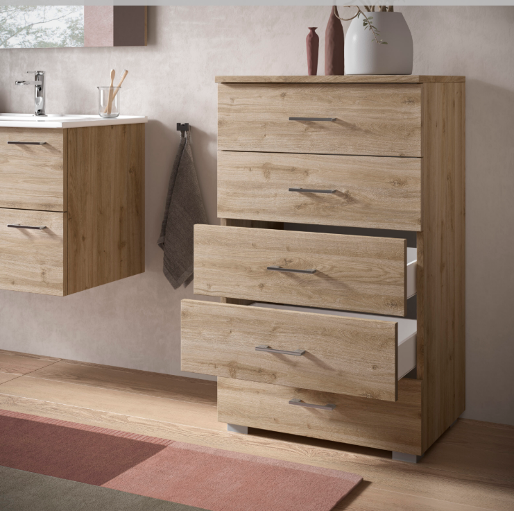 Composizione lavanderia con base portalavabo sospesa, specchiera con faretto LED, colonna a terra porta asciugamani e cassettiera