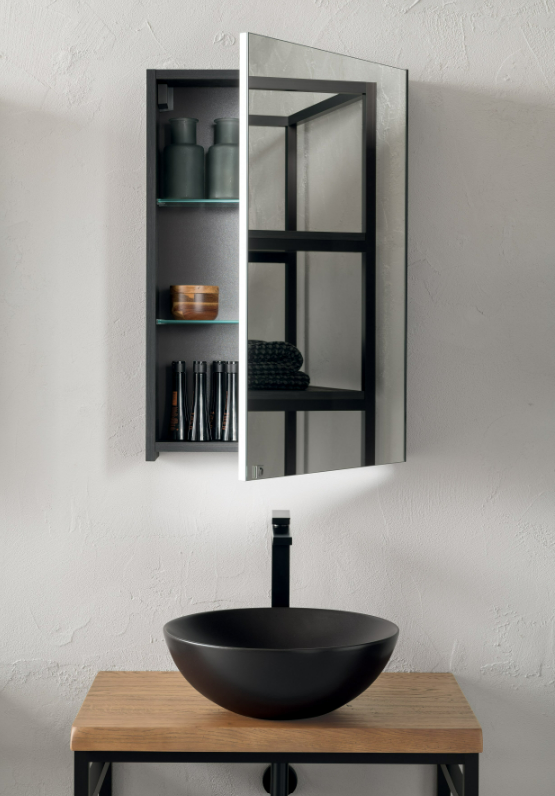 Mobiletto in stile Industrial con lavabo da appoggio in ceramica e specchiera con faretto LED