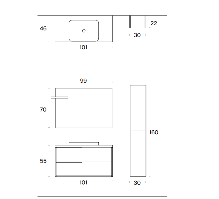 Composizione bagno con base sospesa portalavabo semintegrato in ceramica, specchiera a LED e colonna sospesa