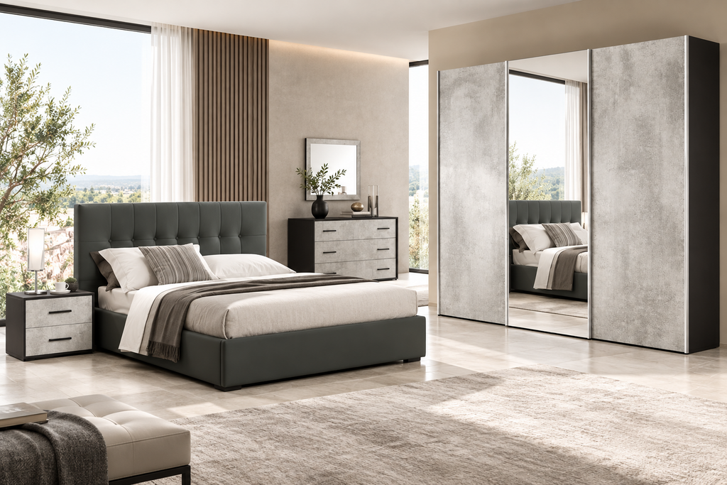 Composizione camera con armadio scorrevole anta centrale a specchio, letto con contenitore e gruppo comodini/como'