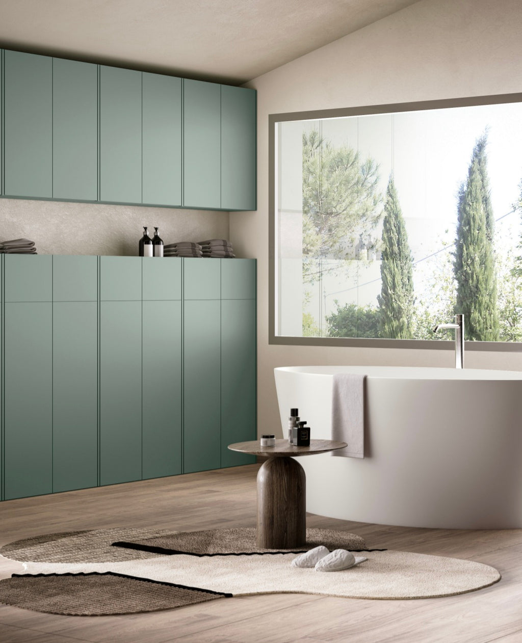 Mobile bagno sospeso con specchiera illuminata a LED e colonna dispensa