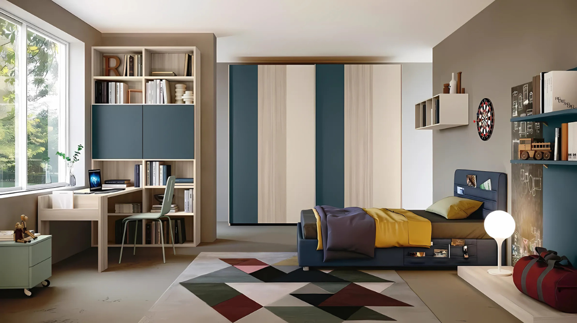 Cameretta con armadio a 2 ante scorrevoli bicolore, letto e zona studio integrata con libreria a giorno