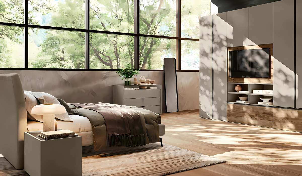 Composizione camera con armadio con vano porta TV, cassetti inferiori, letto imbottito e gruppo comodini/comò