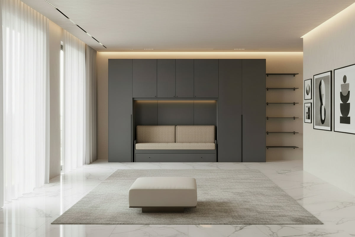 Camera a ponte antracite con letto con estraibile e parete attrezzata con mensole porta oggetti