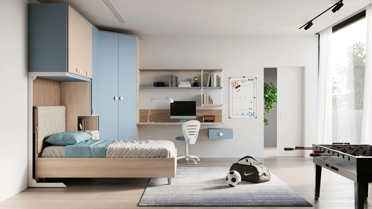 Composizione notte con cabina armadio a 2 ante, letto, elemento ponte con fianco metallico e zona studio con scrivania