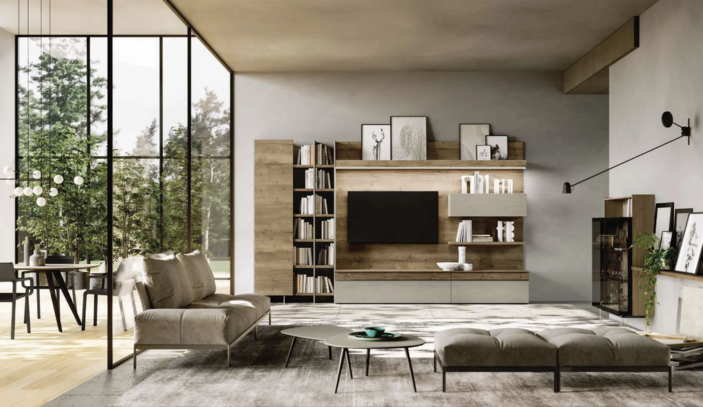 Composizione a giorno con schienale porta TV, luce Led sottomensola e elementi  a giorno rovere