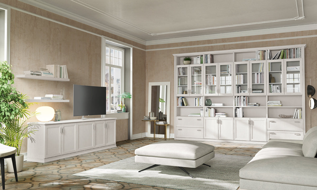 Composizione soggiorno classico-contemporanea con credenze e libreria con vetrine