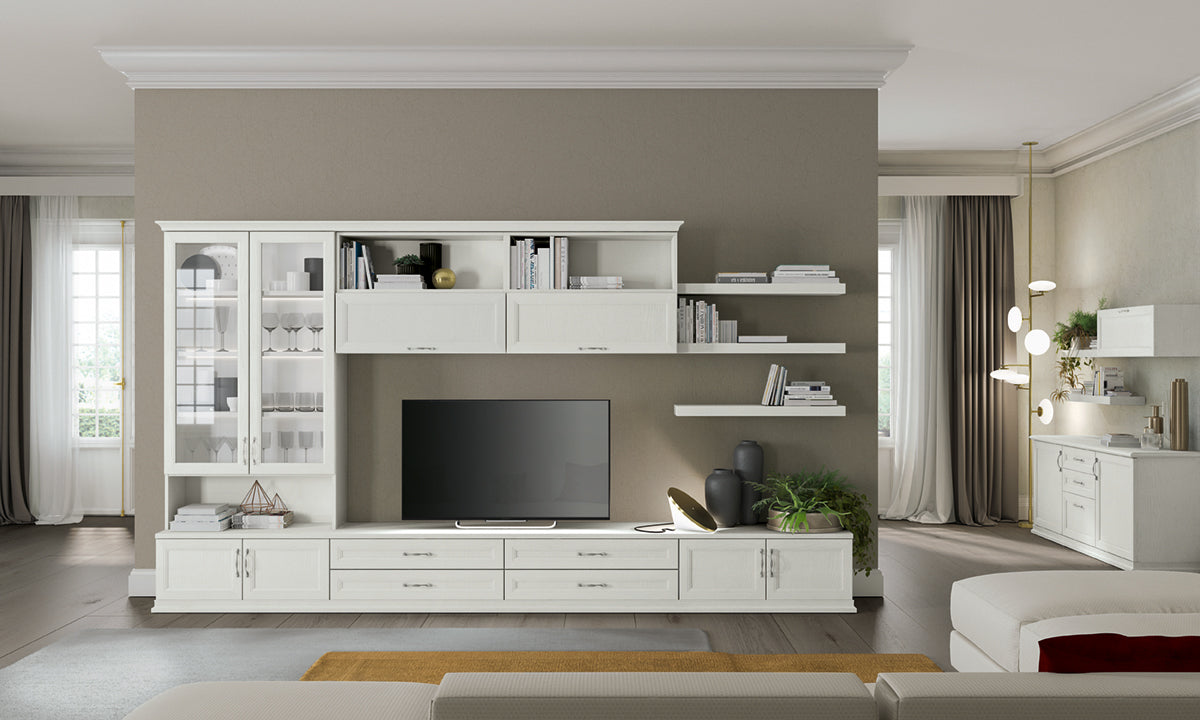 Composizione parete attrezzata classico-contemporanea con vetrine e mensole sfalsate