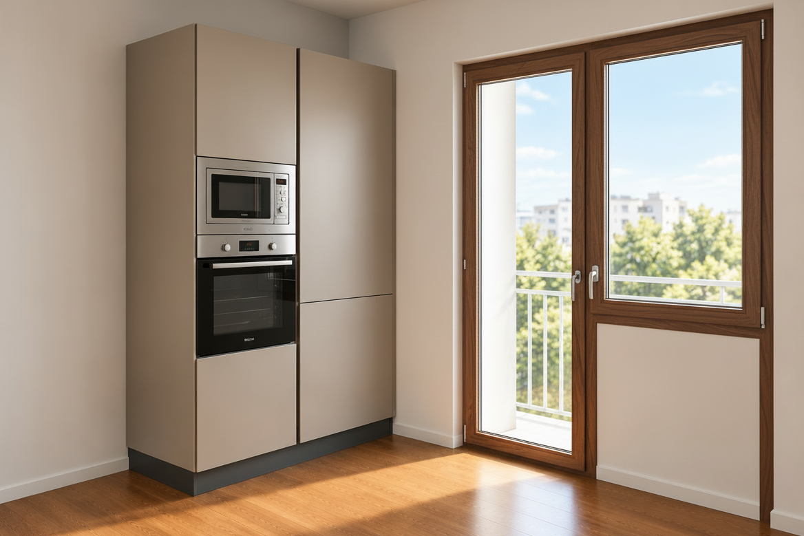 Cucina resina dust con piano Snack sagomato su misura con gambona in metallo scuro e parete colonne