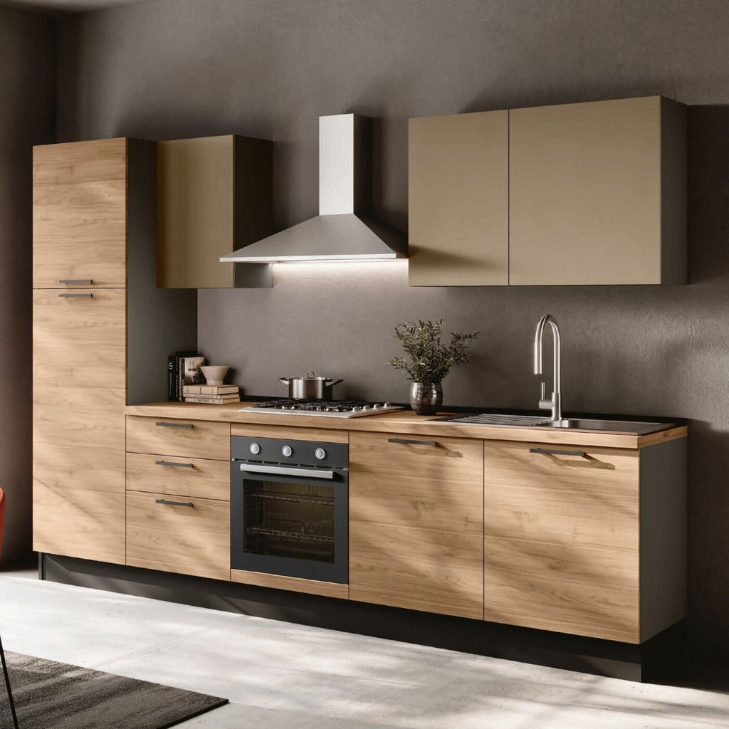 Composizione cucina L. 300 H. 219 cm. noce biondo/orzo opaco